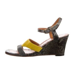 Chie Mihara Yellow and Olive Suede and Snakeskin Wedge Sandals